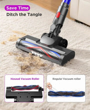 Cordless stick vacuum gliding on carpet with wide motorized roller brush head