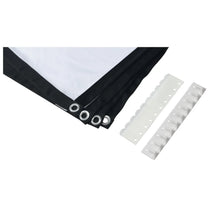Projector screen mounting eyelets, grommets, and light gray support tabs