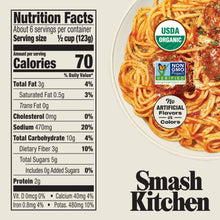 Smash Kitchen Classic Marinara pasta sauce label with nutrition facts and spaghetti