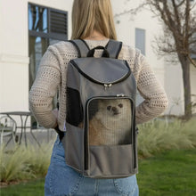 Gray pet travel backpack with padded shoulder straps and front mesh window