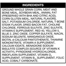 Dog food ingredients panel listing grains, meat, bacon, vitamins and mineral additives