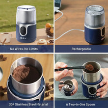 Cordless coffee grinder in four panels: rechargeable, anti-splash, stainless steel, spoon