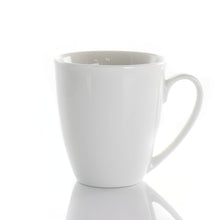 White porcelain mug with curved handle, glossy finish, upright view