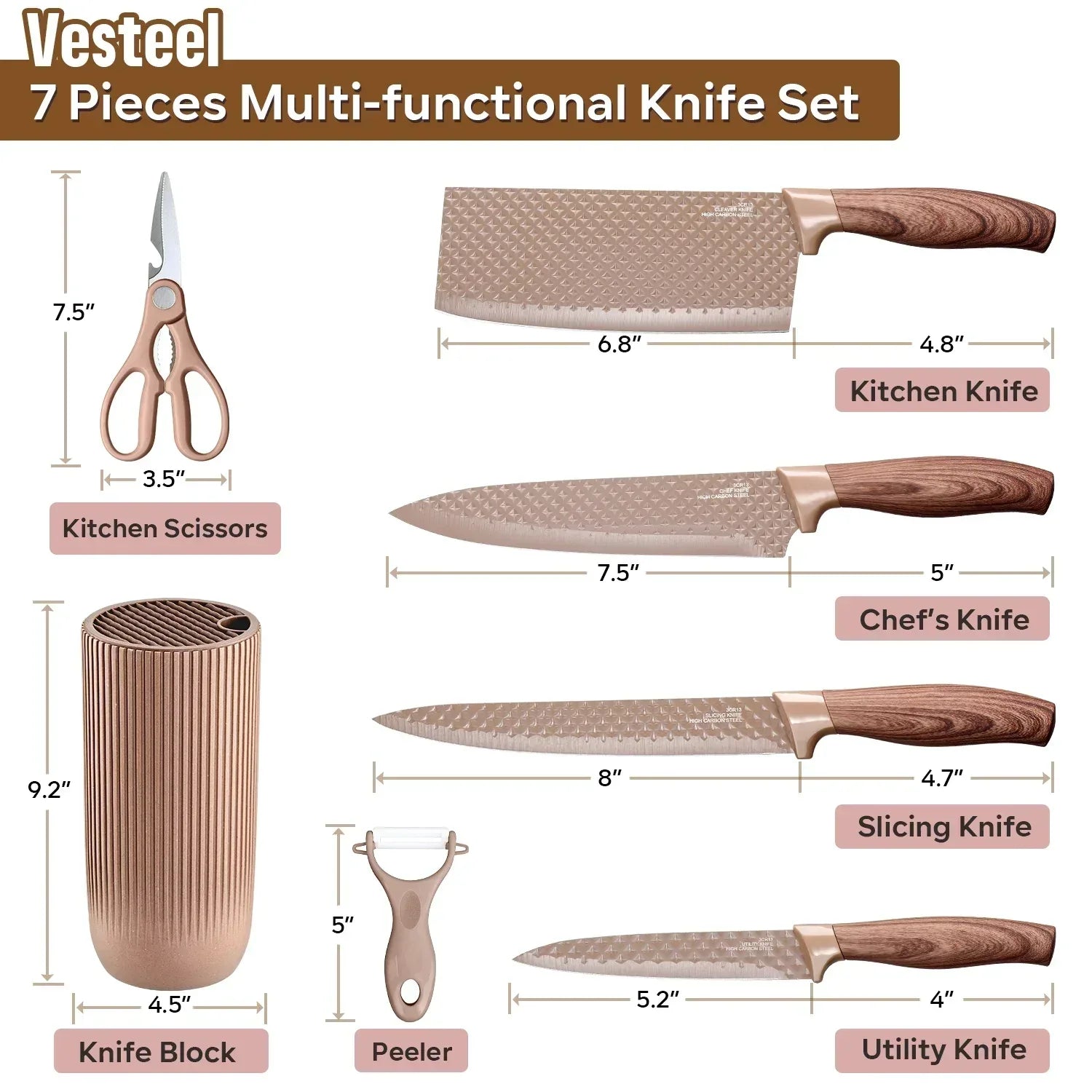 Vesteel Kitchen Knife Set of 7, Professional Stainless Steel Knives Set for Kitchen with Universal Knife Block - Khaki - USA MEGA SHOP
