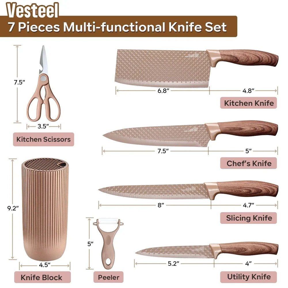 Vesteel Kitchen Knife Set of 7, Professional Stainless Steel Knives Set for Kitchen with Universal Knife Block - Khaki - USA MEGA SHOP