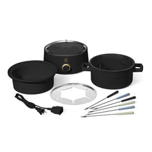 Black electric fondue pot with three ceramic bowls, lid, and six forks