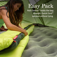 Big and tall sleeping bag with roll-control strap, lime green and navy, secured