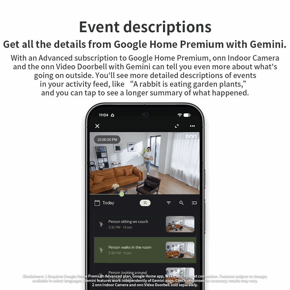 onn Indoor Camera Wired, 1080p HDR Video, with Google Home and Gemini ‚Äì Search Video History, Event Descriptions