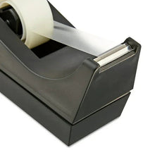 Black desktop tape dispenser with metal dispensing bar and lifted tape roll