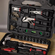 Home tool set in black molded case with sockets, pliers, and screwdriver bits