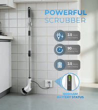 Cordless spin scrubber with tall extendable pole and brush base on floor