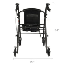 Black rollator rolling walker with seat, padded backrest, and four wheels