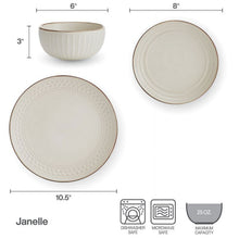 Beige stoneware dinnerware set showing plate and bowl shapes with ridged edges