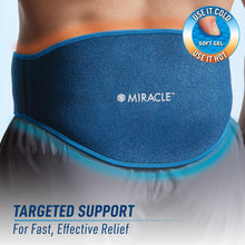 Blue gel-infused compression wrap covering upper back and waist with padded edge