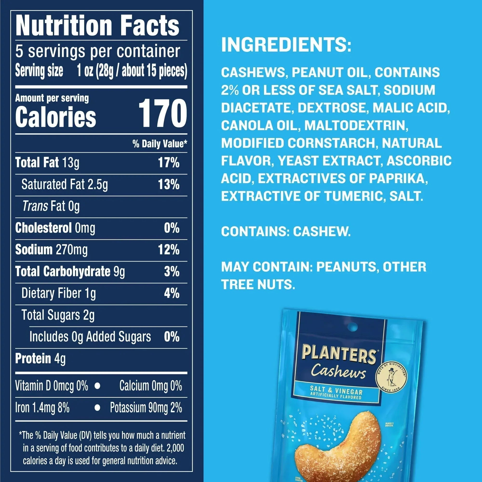 PLANTERS Cashews Salt and Vinegar, Party Snacks, Plant Based Protein, 5 oz Resealable Bag