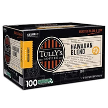 Tully's Hawaiian Blend K-Cup box front corner, 100 count, medium roast, roasted slow & low.