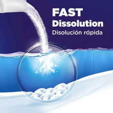 Laundry detergent dissolving in water with bubbling stream and droplets