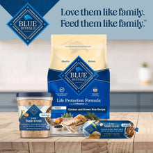 Blue Buffalo dog food tub and pouch with Life Protection Formula packaging