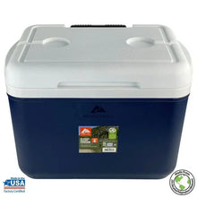 Hard-sided cooler with white lid and navy-blue body, front label and molded handle