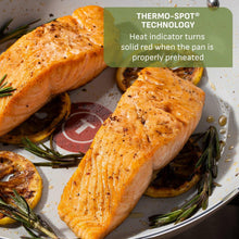 Ceramic non-stick sauté pan with food inside and red heat indicator circle