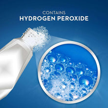 Hydrogen peroxide ingredient graphic for whitening mouthwash with bubbles and bottle