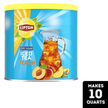 Zero sugar iced tea mix can with peach iced tea label, makes 10 quarts
