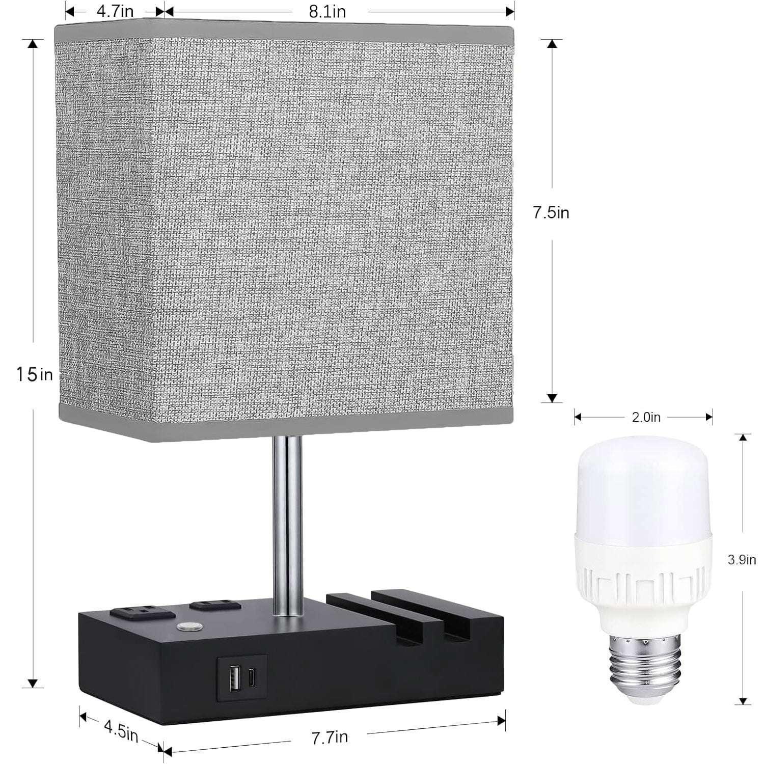 HadinEEon Bedside Table Lamps with 2 Phone Stands, Gray
