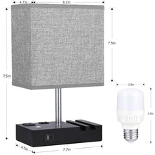 Gray bedside table lamp with fabric shade and charging base size diagram