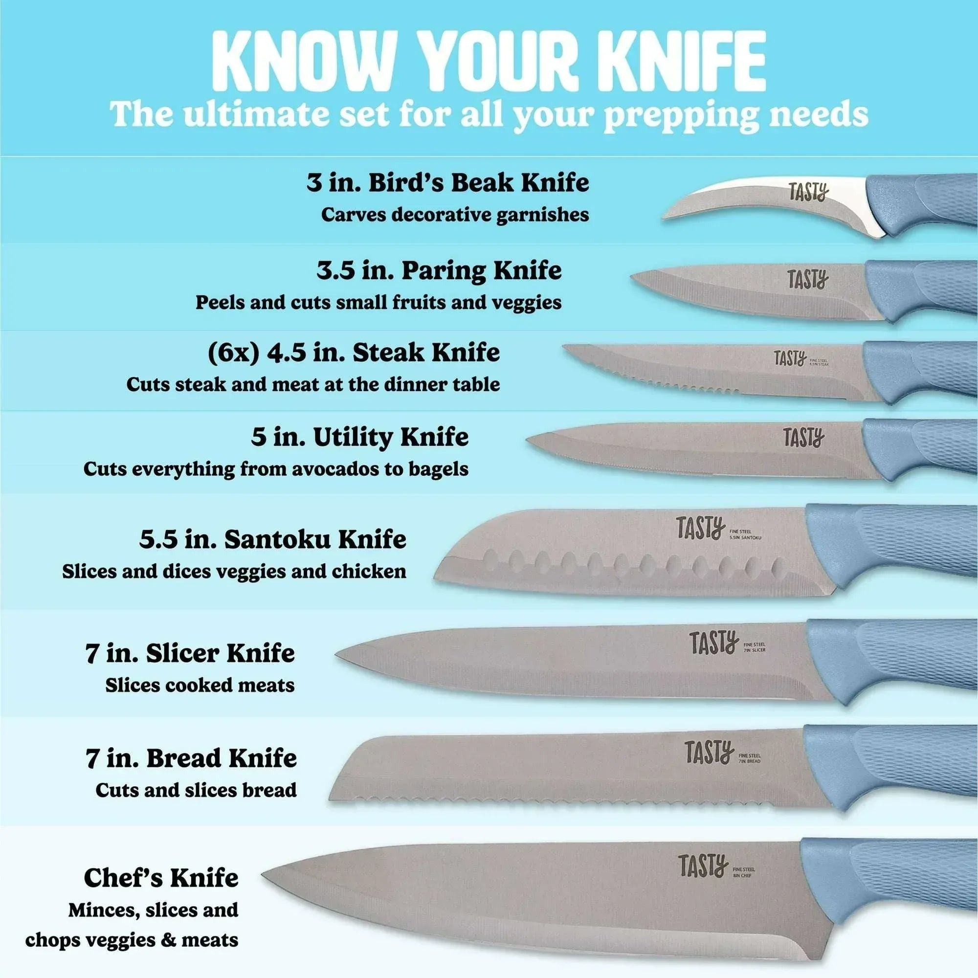 Tasty 15-Piece Stainless Steel Kitchen Knife Set With Block, Soft-Grip Handles Slate Blue