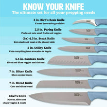 Slate blue stainless steel knife assortment with multiple blade shapes and lengths