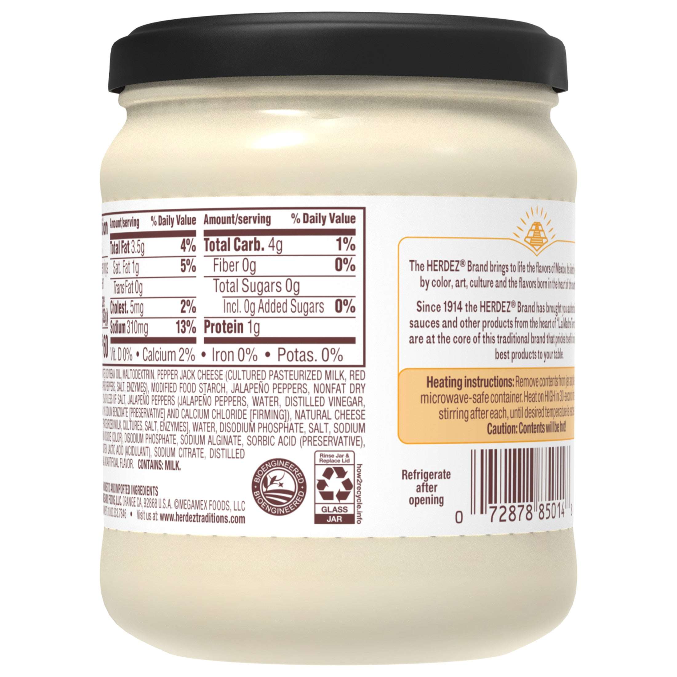 HERDEZ Queso Blanco Dip Medium, Tortilla Chip Dip, Shelf-Stable, 15 oz Glass Jar