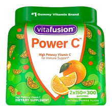 Vitamin C gummy supplement bottle, green Power C label with orange fruit graphics