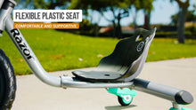 Black plastic seat and teal 360 caster wheel on a gray mini tricycle frame