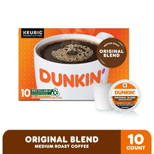 Dunkin Original Blend medium roast coffee box with 10-count label and K-cup pod