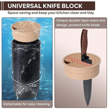 Universal knife block with detachable top and two knives with brown wood-grain handles