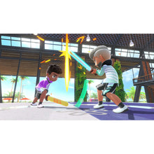 Nintendo Switch Sports gameplay scene with two characters playing tennis with rackets