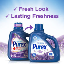 Pair of Purex liquid detergent bottles, blue with lavender graphics and 115 loads label.