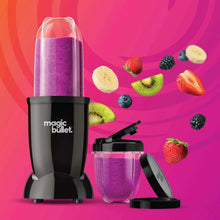 Black Magic Bullet blender set with clear cup, to-go lid, and compact purple cup