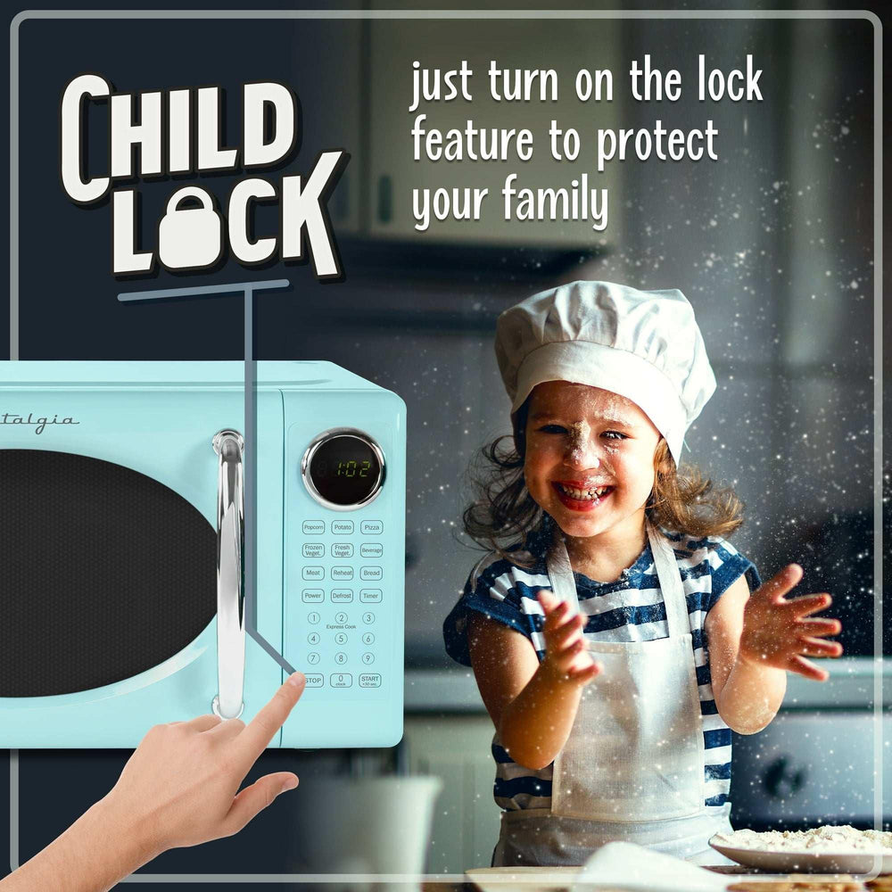 Nostalgia Retro Microwave Oven - 0.7 Cu Ft & 700-Watt Countertop Microwave with Glass Turntable, Child Safety Lock, 8 Auto-Cook Programs & Digital Clock - Aqua - USA MEGA SHOP