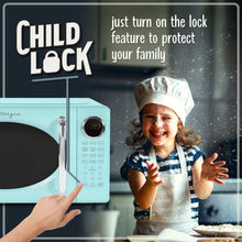 Aqua countertop microwave oven with child-lock control area and chrome handle