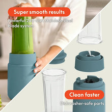 Portable rocket blender with teal base, clear cup, and lid; parts shown for cleaning