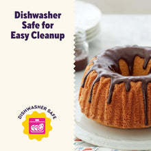 Non-stick bundt cake pan, shown with a glazed bundt cake on a plate