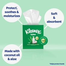 Kleenex lotion tissues box with protect, soothe, moisturize icons and coconut oil & aloe
