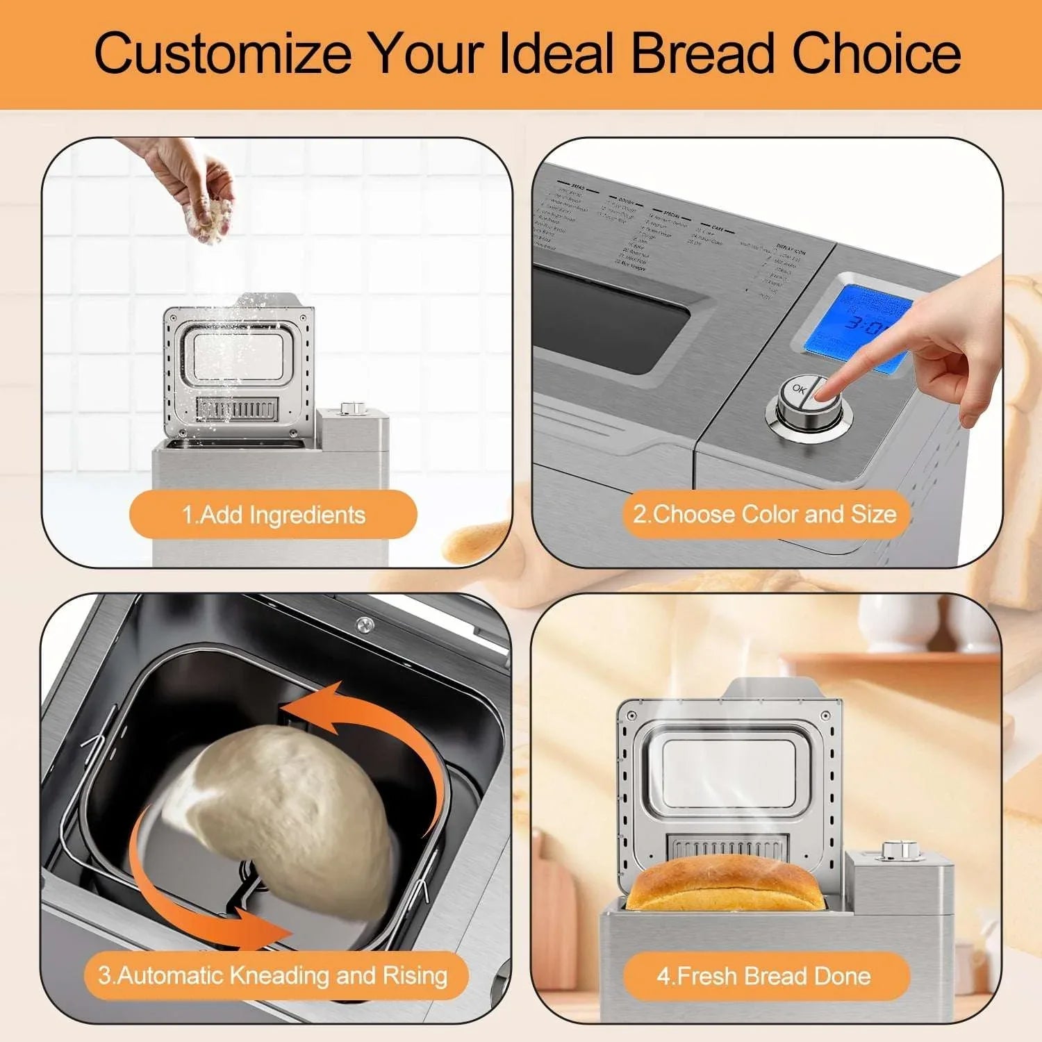 Bluebow 25-in-1 Bread Maker, 2LB Bread Machine with Auto Fruit/Nut Dispenser, Gluten-Free Setting, Keep Warm&13H Delay Timer, Stainless Steel - USA MEGA SHOP