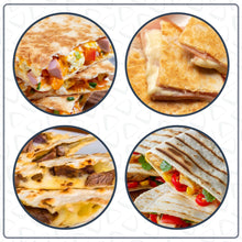 Cooked quesadilla assortment with melted fillings shown in four circular views