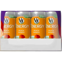V8 Energy variety pack bottles, peach mango flavor, 24-pack carton front view