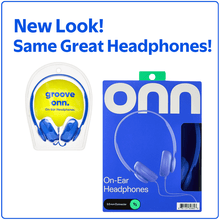 On-ear headphones retail package showing blue headphones and connector details