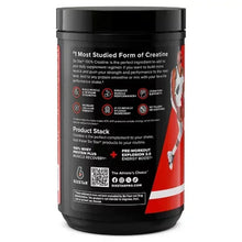 Creatine powder container with black back label and red stripe, black lid