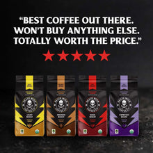 Four coffee bags in a row: yellow, black, red, and purple medium roast