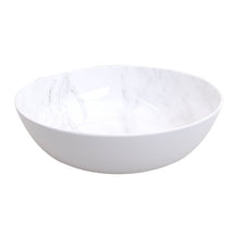 White marble-look melamine serving bowl, shallow round with smooth sides
